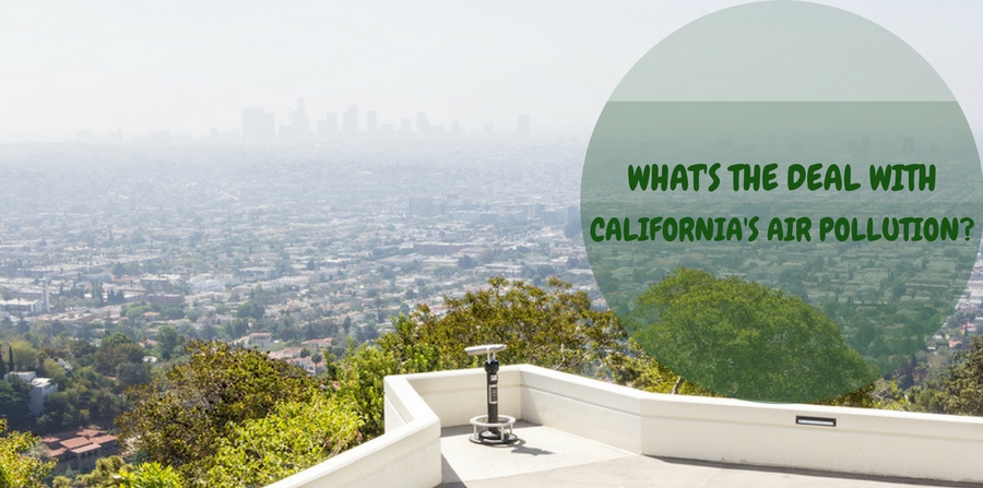 Skyline of Los Angeles viewed from observation point. Smoggy sky obscures skyscrapers in distance. "What's the deal with California's air pollution?"