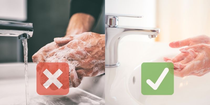 Improper and proper handwashing techniques, side by side (don’t leave the faucet running!)