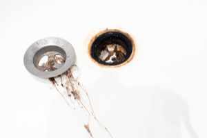 Removed bathtub drain with hair clog stuck to it.