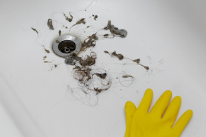 Hair clogs removed from a bathroom sink drain.