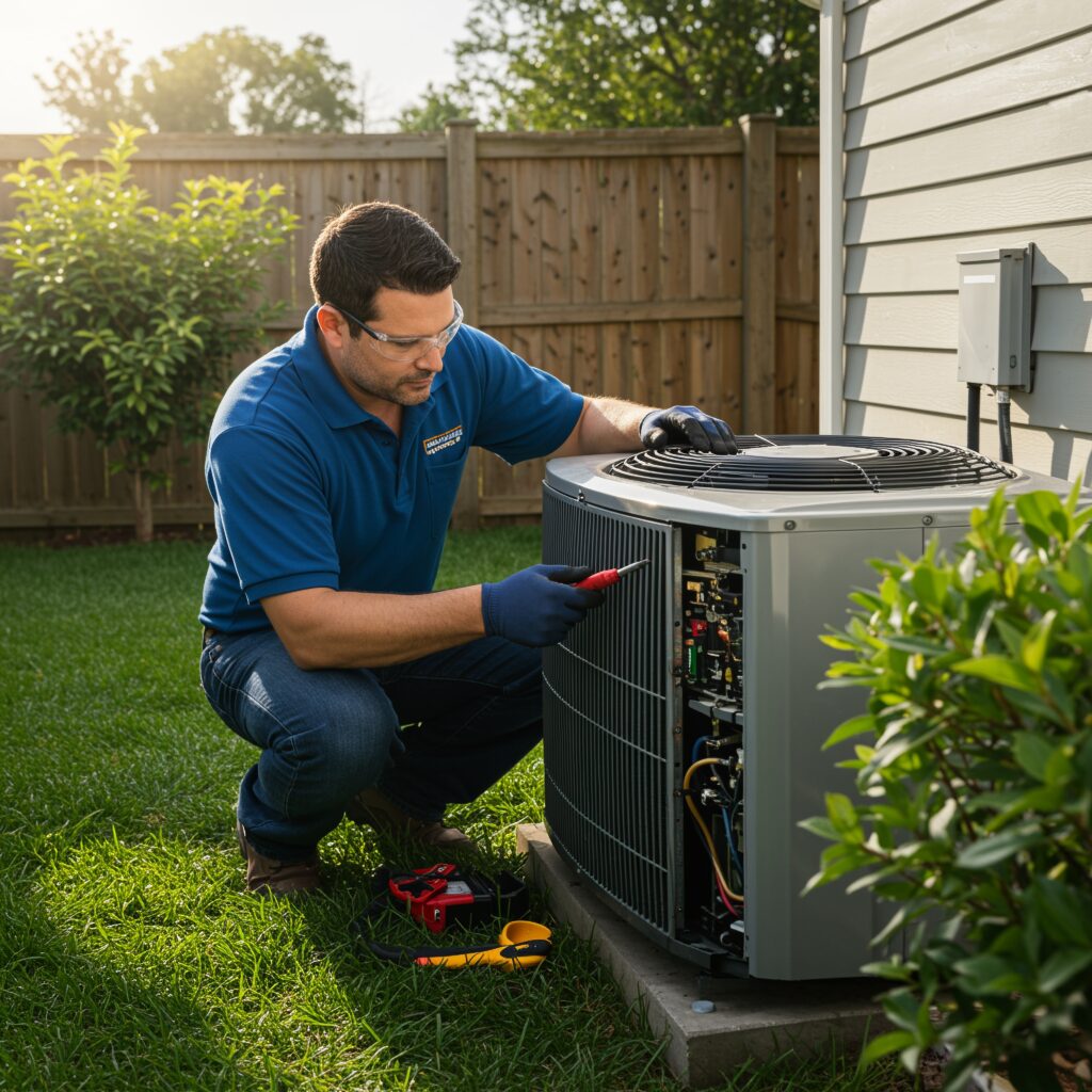 Technician performing AC tune up to ensure peak cooling performance