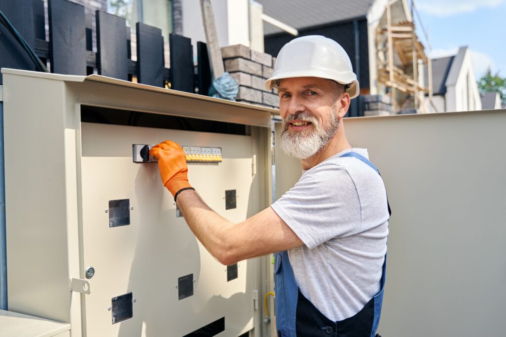 24 hour electrician fixing an emergency electrical issue at night