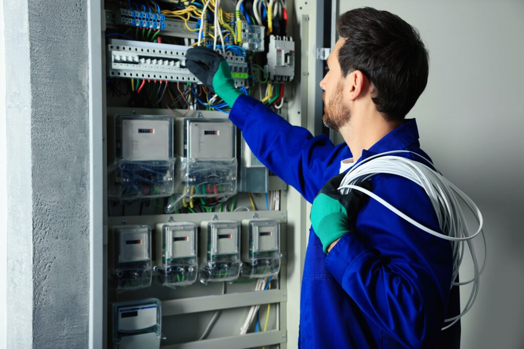 electrician performing fuse box service that fixes old panel acting up safely in home