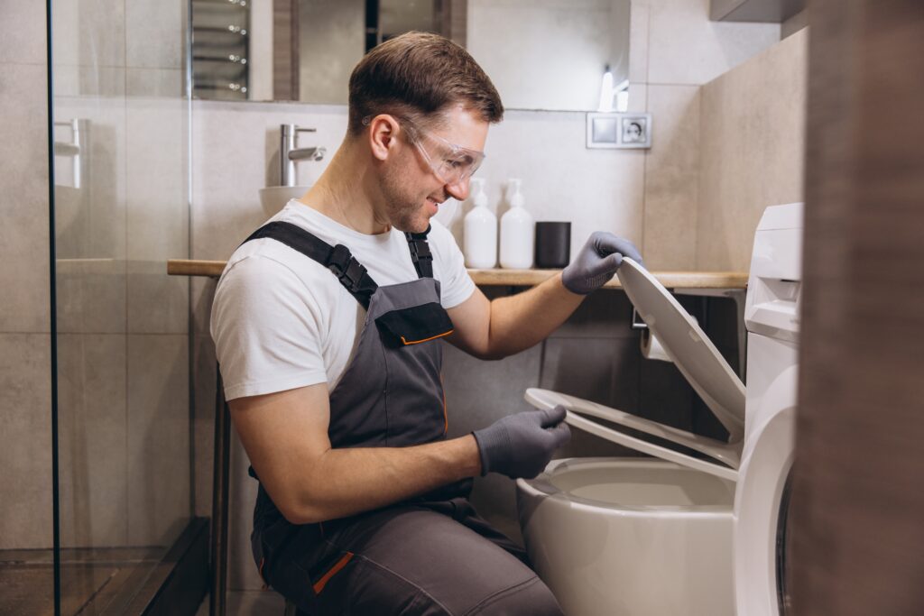 plumber using tools in guide to clogged toilet repair to fix blockage